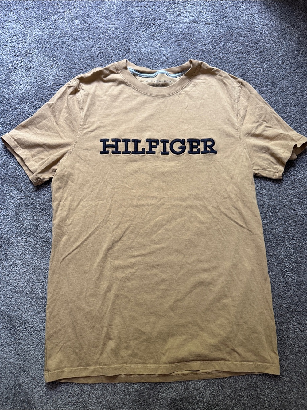 Mens Tommy Hilfiger Tan Short-Sleeve Tee t shirt with Navy Logo regular fit Sz M